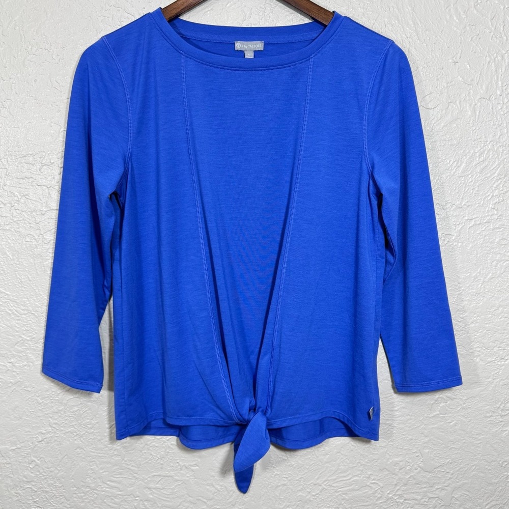 T Talbots Top S Royal Blue Supersoft Jersey Tie Front Stretch Sporty Tennis Prep